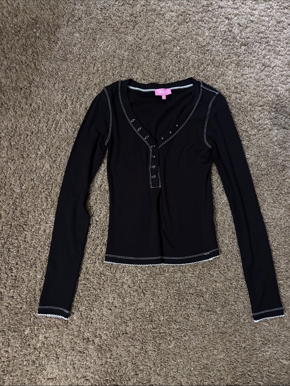 Edikted Black Long-Sleeve Henley Top with White Contrast Stitching